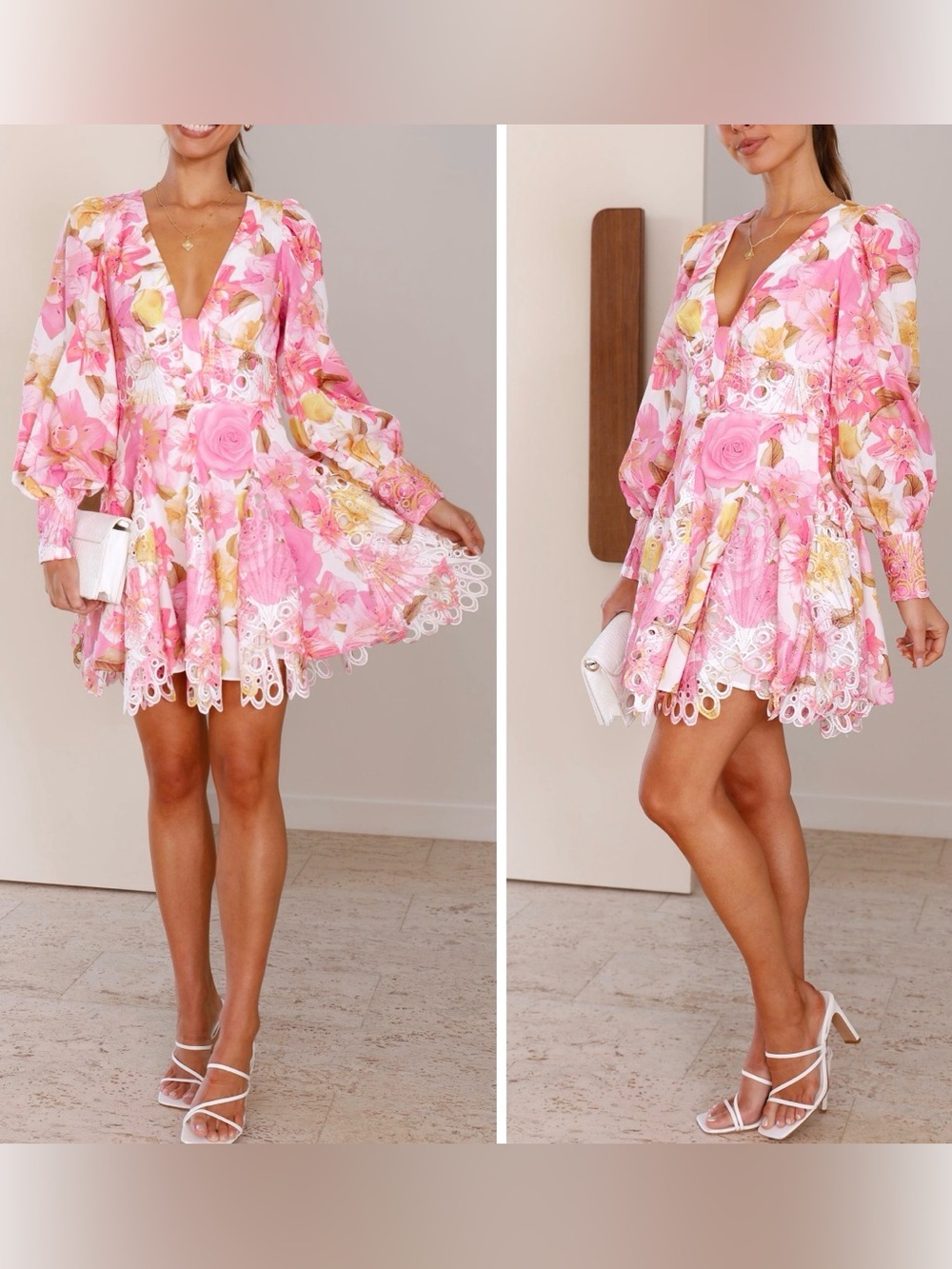Billy J Pink Floral V-Neck Lace-Trim Mini Dress size 2 NWT